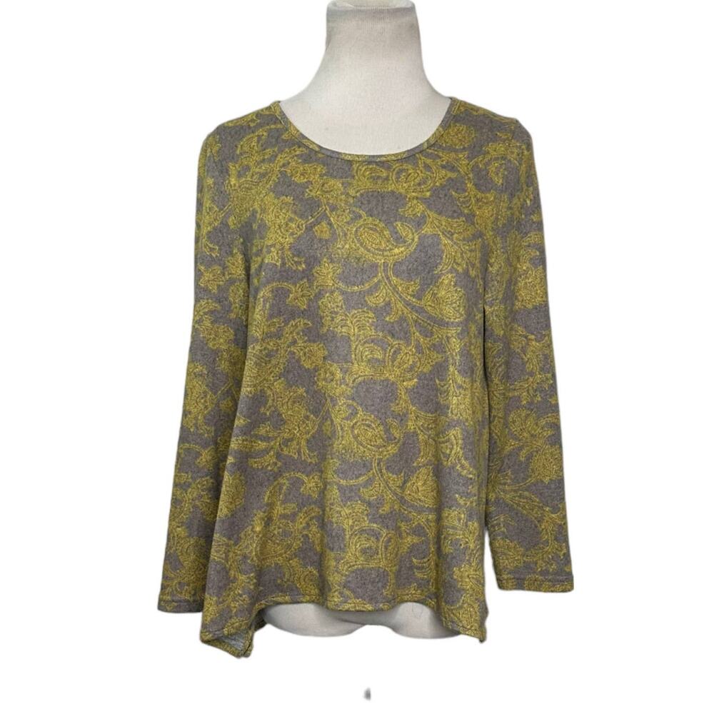 Gray Yellow paisley print crew neck long sleeves sweater size Medium